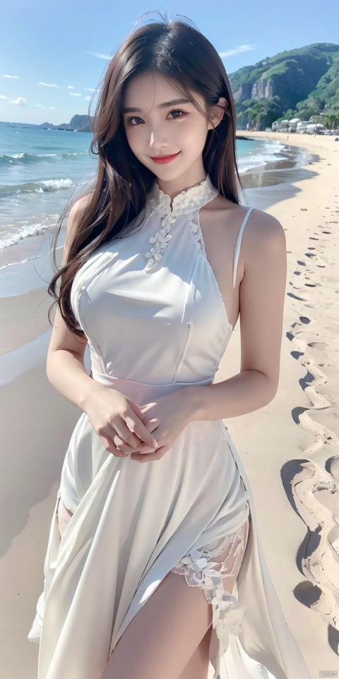 8k, original photo, best quality, masterpiece, realistic, 1 girl with a smile on her face, white lace dress, beach beach