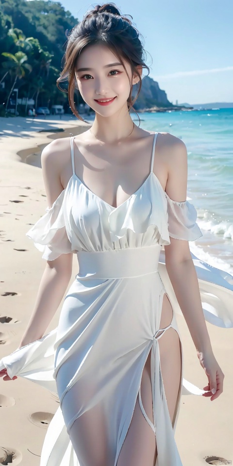 8k, original photo, best quality, masterpiece, realistic, 1 girl with a smile, white dress, beach beach