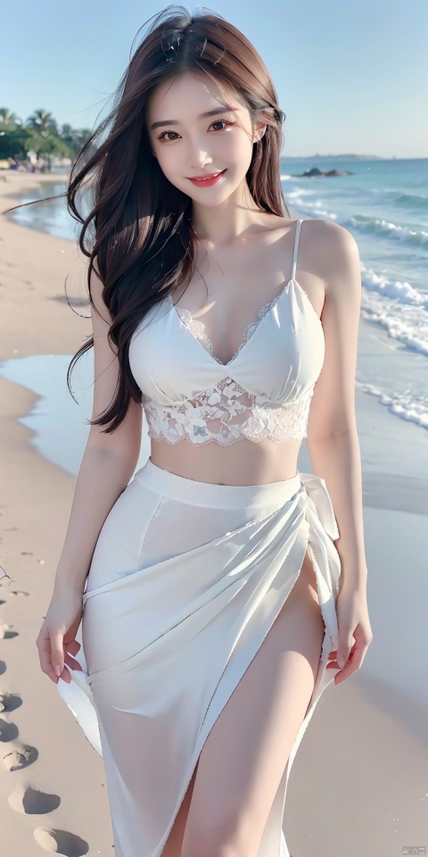 8k, original photo, best quality, masterpiece, realistic, 1 girl with a smile on her face, white lace beach skirt, beach on the beach