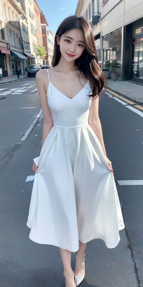 8k, original photo, best quality, masterpiece, realistic, 1 girl with a smile on her face, white dress, street view
