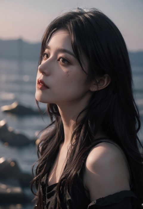 Vampire Queen, backlit, intricate details, highly detailed, slate atmosphere, cinematic, dimmed colors, dark shot, muted colors, film grain, lut, spooky, depth blur, bokeh, realistic, realistic skin,1 girl,Closed lips,Midsummer, surfing, beautiful sea, beautiful waves, 