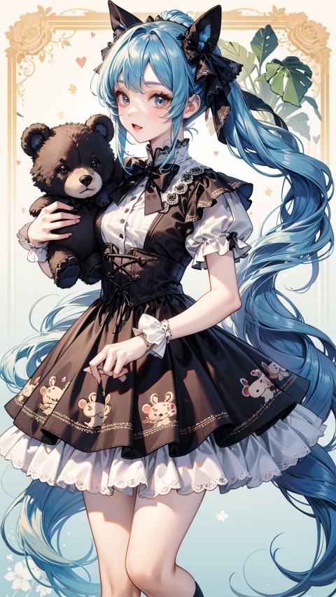 girl,blue hair,double horsetail,Lolita outfit,lace cake skirt,brown skirt with Little Bear Pattern,bowknot