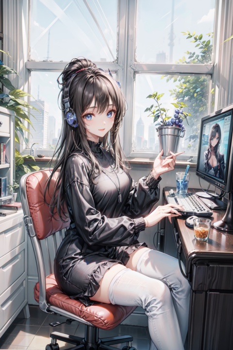 1girl,solo,extremely detailed CG unity 8k wallpaper,illustration,masterpiece, best quality,beautiful face,young girl,long_hair,
silver_hair,detailed eyes,blue eyes,cowboy shot,messy room,guitar case,(computer),headphones,tablet pc,trash can,computer,game console,box,chair,cellphone,toy,electric guitar,game console,(Play electric guitar:1.3),(baggy clothes),light through window,black panty_hose,pantyhose,sitting_down,smile,legs,large_breasts,black hair,midjourney