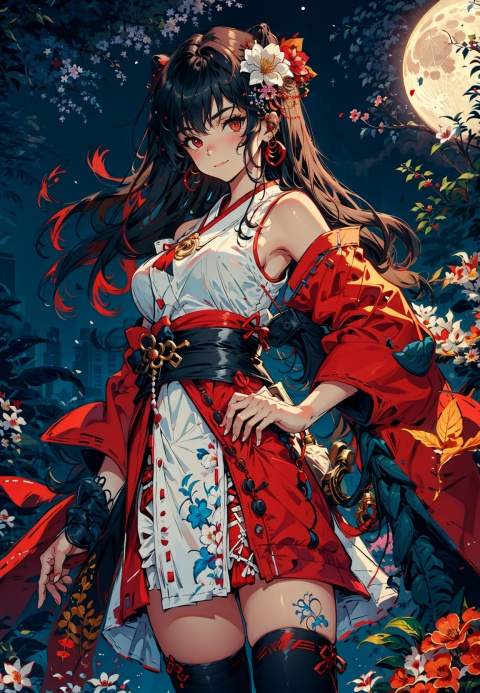 1girl, long hair, solo, thighhighs, black hair, hair ornament, moon, japanese clothes, skirt, detached sleeves, white thighhighs, miko, hakama short skirt, hair flower, very long hair, ribbon trim, ribbon-trimmed legwear, full moon, hakama skirt, hakama, brown eyes, outdoors, night, standing, looking at viewer, flower, hand on hip, tree, red skirt, sky, wide sleeves, smile, ribbon-trimmed sleeves, star (sky), fence, blush, bangs, zettai ryouiki, bare shoulders, night sky, red eyes, nontraditional miko, red hakama, thighs, closed mouth,inverted_nipples,big boobs