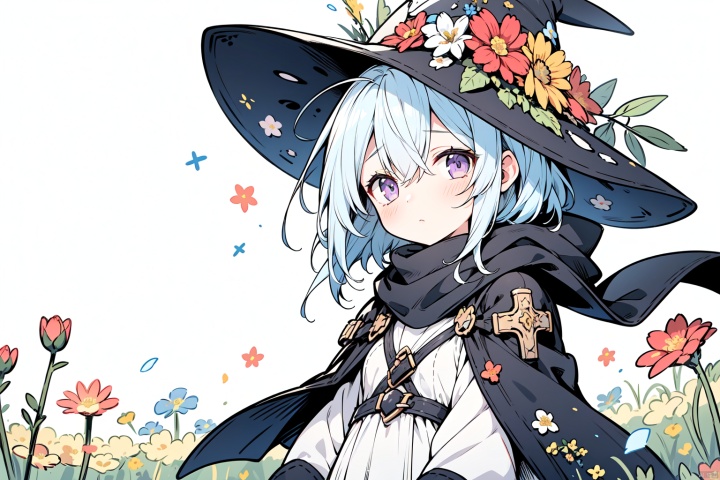 (white background:1.35),expressionless,
1girl, archbishop_robe , hat, blue hair, short_hair and ahoge, purple eyes, cute,looking_at_viewer, (fantastic colorful),grey_cloak, tree_shade, (flowers meadows:1.4), flower, leaves, black gloves, long scarf,sad