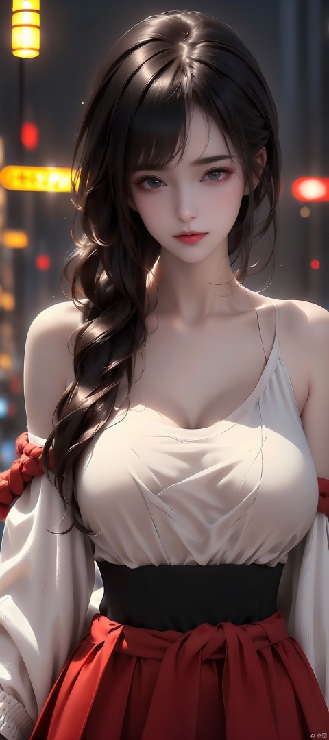 (masterpiece:1.3),(8K,Light reality,original photography,Top Image Quality:1.4),Japanese high school  girl、(Random hairstyle:1.2)、Big breasts:1.2、big breasts、round butt、full、Super thin face、Eye for details、double eyelids、bring your breasts together、Sharp focus:1.2、Beauty:1.4、black hair、long hair,Red head rope,brown eyes,Top、、Super quality、Ultra-peak A high resolution、(Light reality:1.4)、Highly detailed and professional bright smile、Loose and lightweight knitwear、Shoulders、Slender、serious facial expression、posture of fate