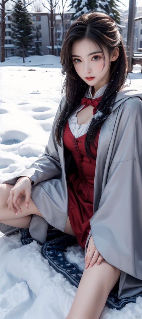 （8K, RAW photos, best qualtiy, tmasterpiece：1.2）,（realisticlying, photograph realistic：1.4)
Lolita costume,Lace, Aerith Gainsborough, sat on the ground,(Cloak,do lado de fora,Cover with snow,snowfield) high high quality, highdetailskin, looking at viewert,