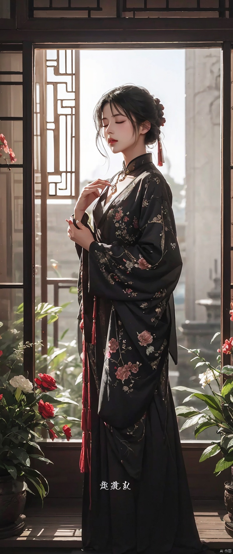 masterpiece, 1girl, nail_polish, jewelry, necklace, black_hair, closed_eyes, solo, dress,black_hair, ancient art, chinese, flowers
