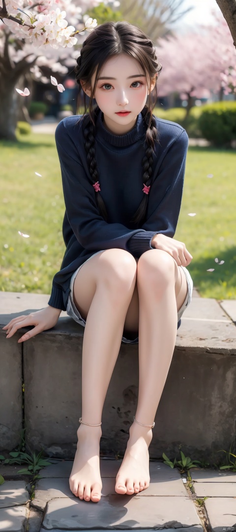 (masterpiece, best quality:1.2),Sexy sweater,Eyes are very delicate,（（（Beautiful girl with double braids）））,Under the cherry blossom trees,Sakura petals are flying all over the ground,Dream style,Full body image