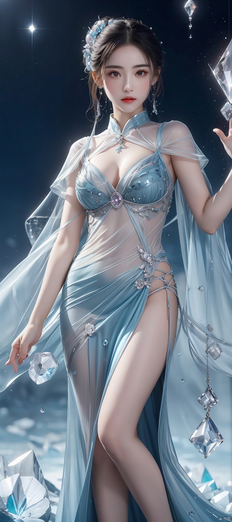 1girl,hanfu,full body,((water drops)),wet clothes,((beautiful detailed water)),((floating)),dynamic angle,(((crystals texture Hair))),((beautiful detailed glass hair)),((glass shaped texture hand)),((crystallize texture body)),gem body,hands as clear as jewels,crystallization of clothes,((crystals texture skin)),sparkle,lens flare,light leaks,broken glass,detailed glass shaped clothes,beautiful detailed gemstone sky,gemstone sea,crystals texture flowers,((detailed crystallized clothing)),beautiful detailed glow, (detailed ice), beautiful detailed water,