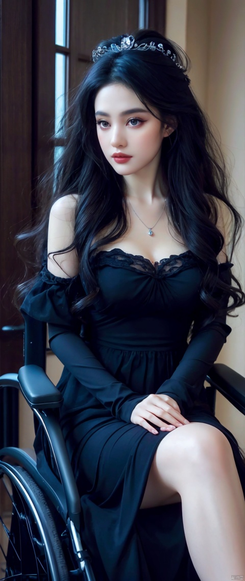 A curly-haired beauty sitting in a wheelchair,Classy and elegant,Eyes are very delicate,perfect fingers.,necklace,（（（hair accessories）））,Long black dress、Looking at the scenery outside the room window,The light is dark,black lips,gothic style（（best quality））, （（intricate details））, （（Surrealism））（8k）