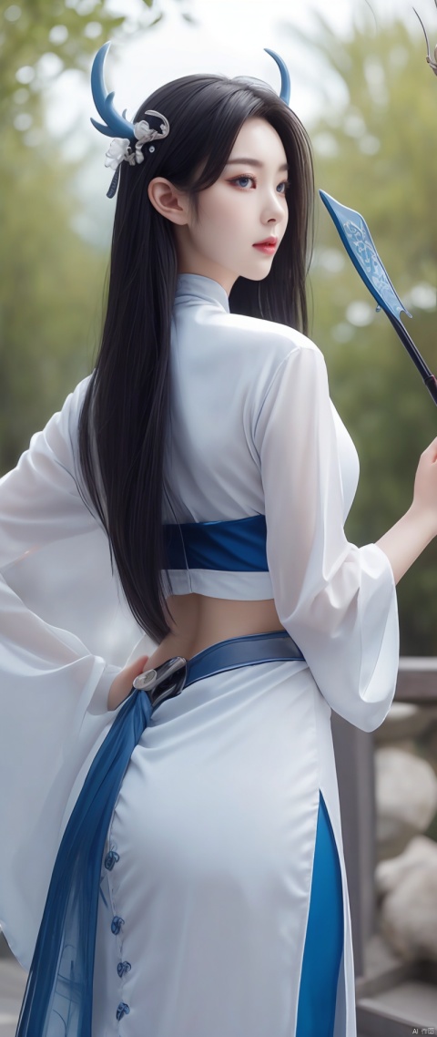 wuxia,holding weapon,dragon,((masterpiece)), ((an extremely detailed and delicate)), (8k cg wallpaper), {stunning art}, {{illustration }}, (ink splashing), color splashing, (amazing), (1girl), close to viewer, beautiful detailed face, beautiful detailed blue eyes, dynamic angle, two deer horns on head, flowing detailed white hair, chinese style detailed hanfu, a slim ((streamlined dragon tail with blue scales attached to back lower waist)),((tail ornament)), ancient chinese palaces background,taoist