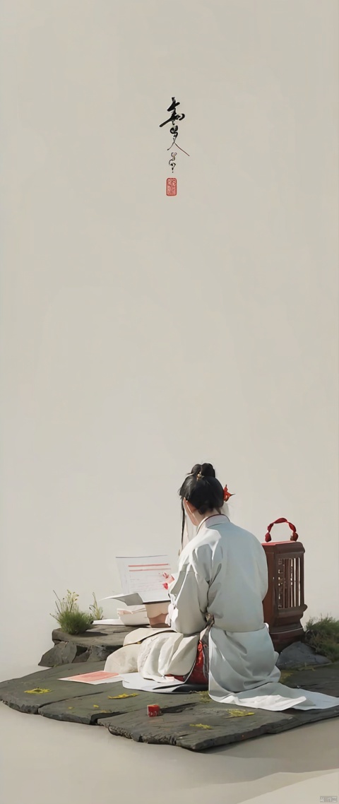 Chinese traditionallandscpae with anoff white background with a light gray thinines texturewith old paper texture featuringchinese art,Song dynasty, Xuan paper, Goofy.Solitary cloud, Sit alone, JingtingMountain,Never get tired of it, Look at eachother