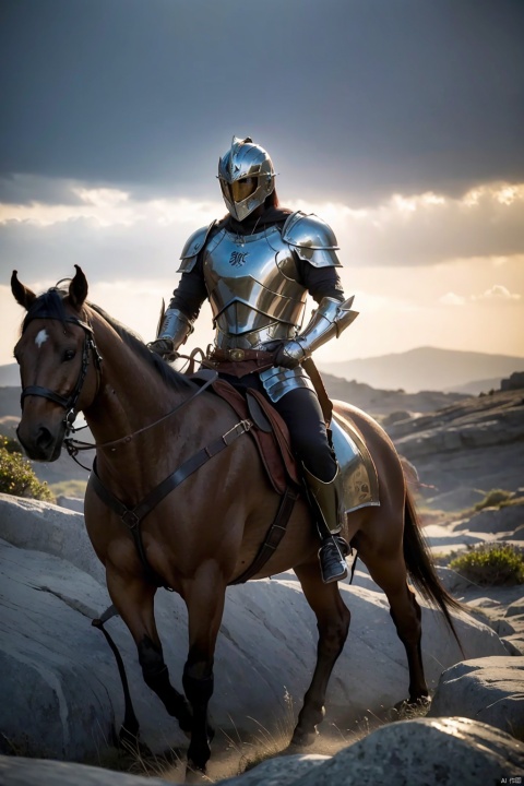 There are three men in armor riding horses in a rocky area, estilo fantasia 8 k octane render, Wojtek FUS, Epic Fantasy Digital Art Style, Hefesto, muscular male hero, atraente macho de carne com armadura, Arte de fantasia 4k, 3 d render arte do caractere 8 k, Epic fantasy art style, Arte de fantasia 8k, ares com armadura pesada e espada. BRILHANTE E COM CONTRASTE, 8K分辨率, OBRA PRIMA