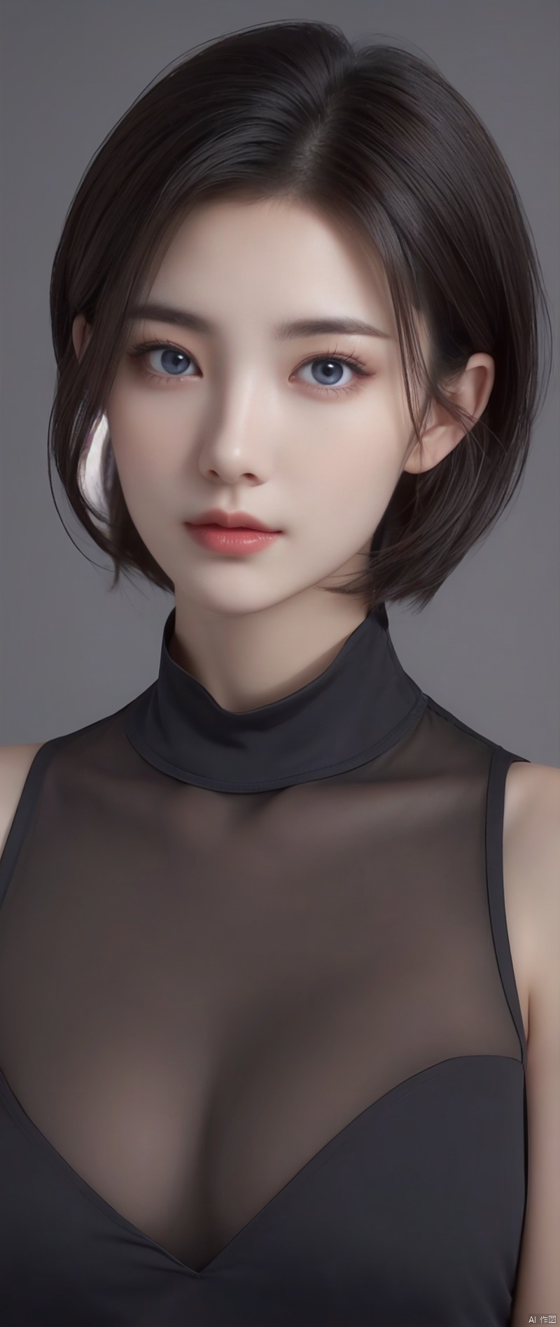 Skin Tight Black Top:1.2, Looking at Viewer, Cinematic lighting, Perfect, softlight, High resolution skin:1.2, Realistic skin texture, Realistic face, off shoulders,Bust B Cup、 Exposed cleavage, Blue eyes, Short hair, dark brown  hair、Gray background