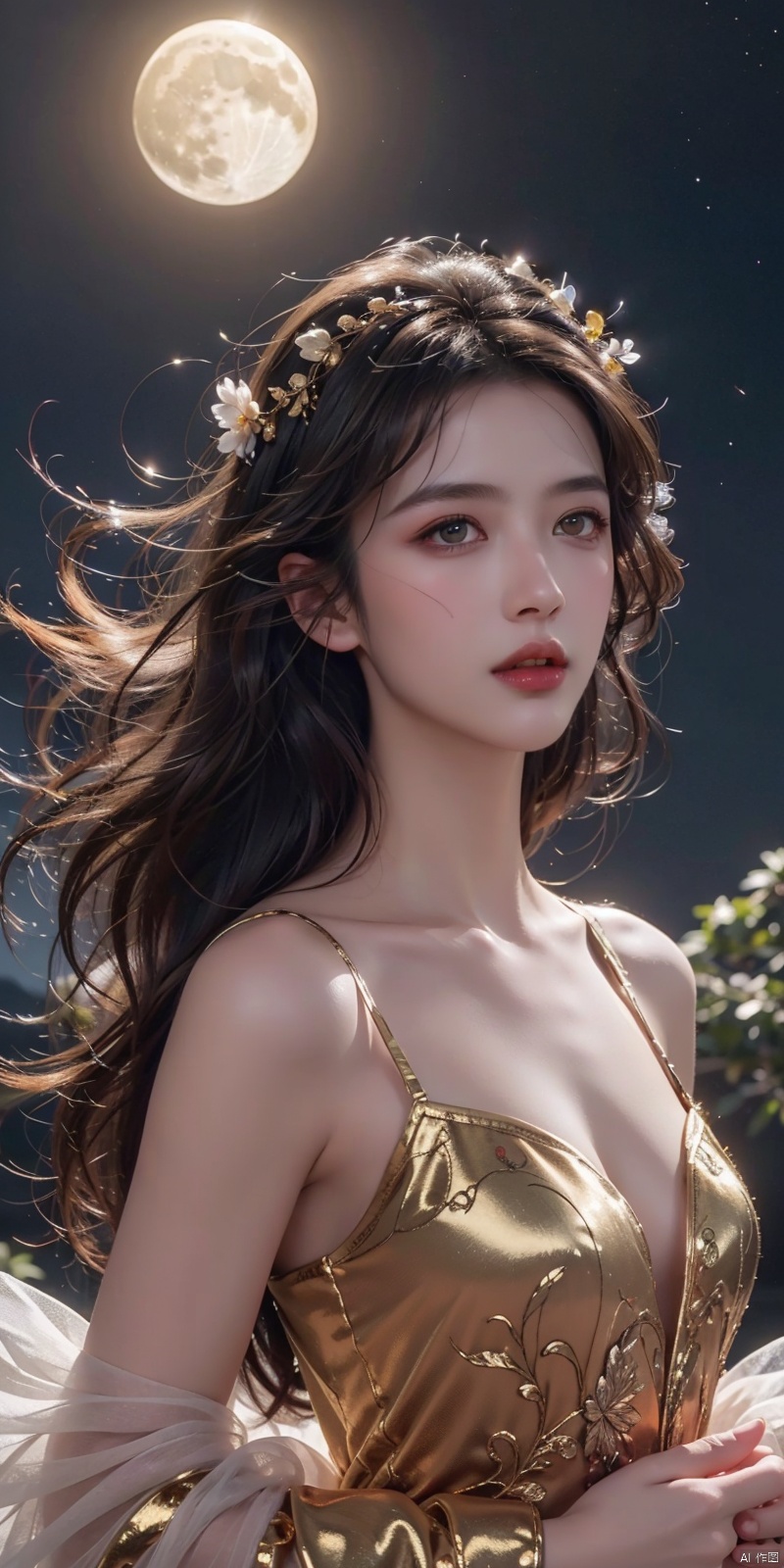  (extremely detailed CG unity 8k wallpaper, masterpiece, best quality, ultra-detailed), best illustration, an extremely delicate and beautiful, high resolution, dynamic angle, dynamic pose, (1girl), dark skin, black hair, yellow eyes, golden accessories, magical girl outfit, moonlit night, glowing stars, mystical background., ruhua