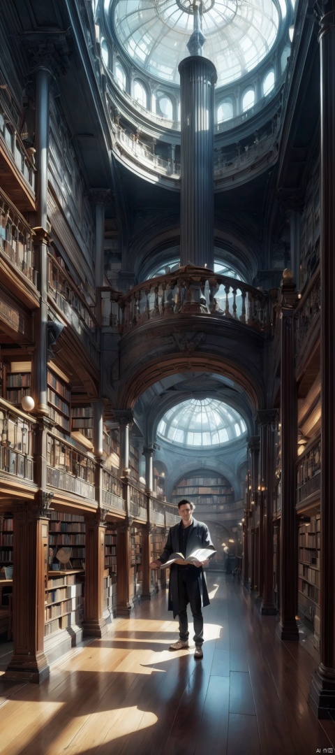 arafed image of a man standing in a library with books, endless books, borne space library artwork, books cave, fantasy book illustration, spiral shelves full of books, infinite celestial library, an eternal library, gothic epic library concept, magic library, japanese sci - fi books art, beeple and jean giraud, books all over the place