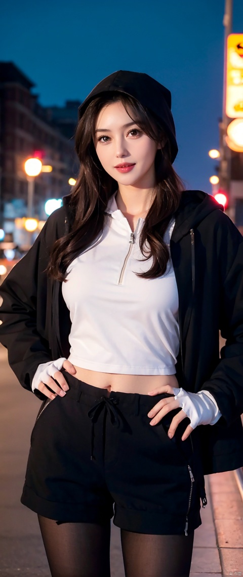 CFkongQF, 1girl, solo,pantyhose, brown hair, looking at viewer, hood, drawstring,torn clothes, brown eyes,  black shorts,long hair, hood down, lips, jacket, gloves, smile, breasts, open clothes, zipper,hand on hip, mature female, cityscape, night,  ,