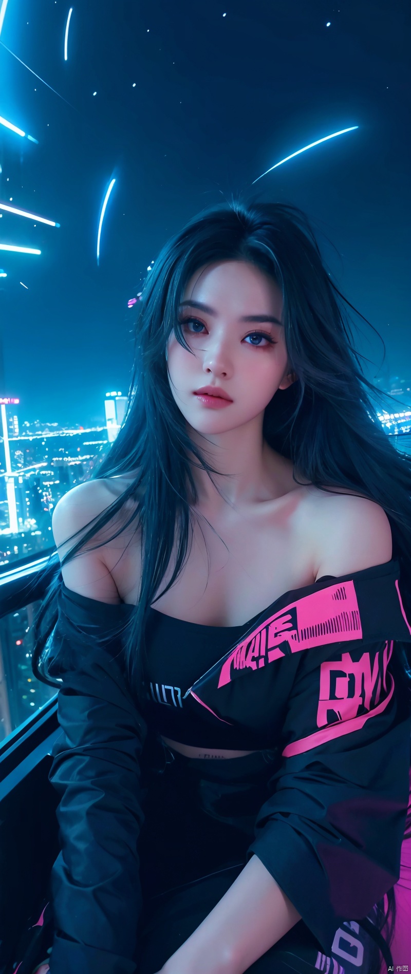(masterpiece), best quality, ultra high res,, cyberpunk 1girl flying above stunning cityscape ,hoodie,blue hair,  neon color shooting stars, very long hair, off shoulder, feather hair ornament, neon colors, flashes, stunning night sky, cinematic lighting, photorealistic, realistic skin, HDR,fisheye