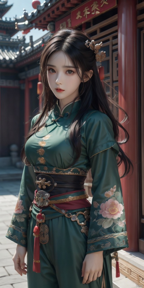 The whole body, including the crown of the head, is in the picture, (green clothes, fearless and intelligent face, (colored skin), (waist-length, heavy black beard): 1.2), (clothes of the Three Kingdoms era: 1.2), long pants, (insanely detailed, bloom: 1.5), (best quality, photo, 4K), (photo: 1.2), (high sharpness), (detailed pupil: 1.1), (photo: 1.1), detailed face and eyes, Masterpiece, Top Quality, (HD Photo:1.1), 8k, Photorealistic, (Black Hair Color), (pureerosface_v1:0.2), [:(More Face:1.2):0.2], Sharp, Real, Real Shadow, (Chinese Castle Background: 1.2), Guan Yu alone.