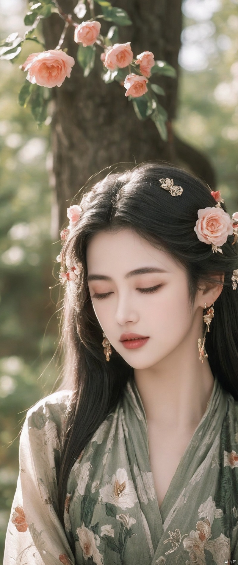 Girl and Dragon,1girl, solo, long hair, black hair, hair ornament, brown eyes, flower, parted lips, hair flower, blurry, lips, eyelashes, rose, leaf, half-closed eyes, portrait, realistic, nose, sufei, guofeng