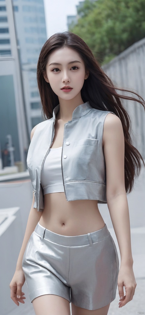 Photorealistic, high resolution, 1 woman, Solo, Hips up, view the viewer, (Detailed face), long hair, SWAT vests, jewelry, medium bust, battlefield outfit, silver outfit, bare stomach and shoulders, bare thigh, building background, walking,,