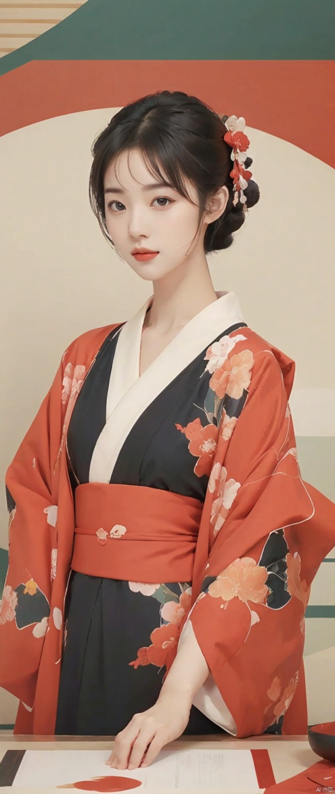 (finely best quality illustration:1.2), (kawaii girl:1.0), (1girl, solo:1.0), (black short hair:1.0), (red kimono:1.0), (upper body:1.0), (ultra-detailed, highres, 4k:1.0),