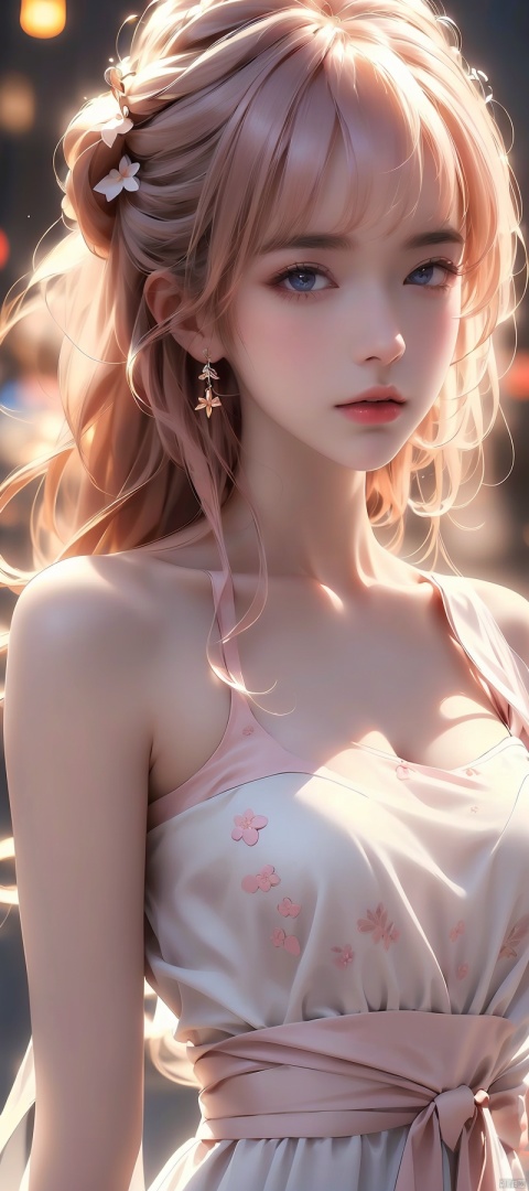 (highest quality,4k,8K,High resolution,masterpiece:1.2),Super detailed,(realistic,photorealistic,photo-realistic:1.37),full body portrait,1 girl, perfect hourglass illustration, exquisite features, mysterious eyes, white transparent dress, bare shoulders, blush, shy, pink long hair, looking at the audience, small breasts, Depth of the bounds written, High-definition images、thin waist