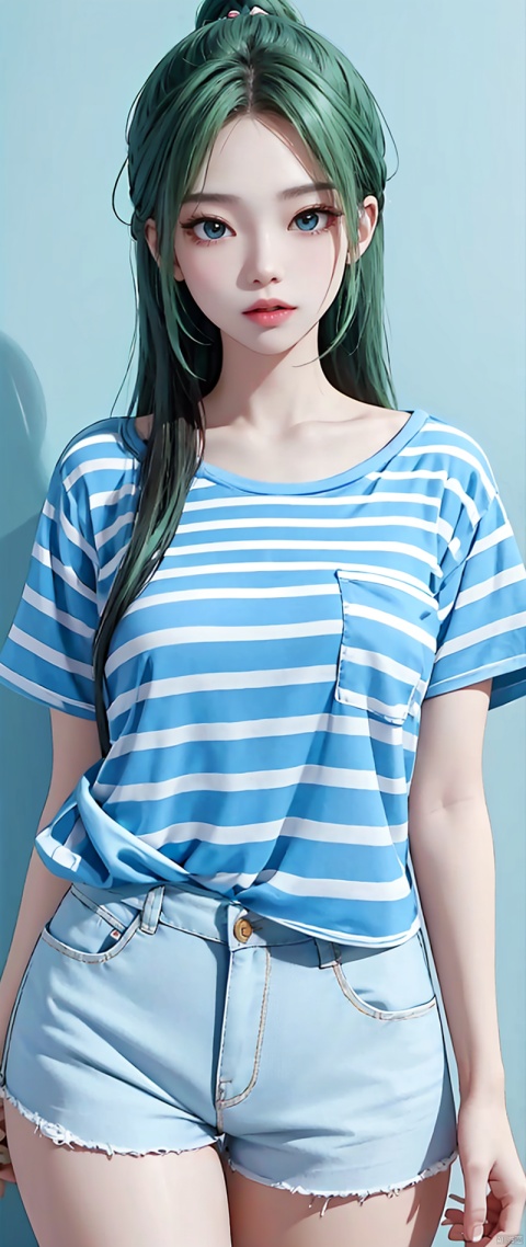  Solo, Jennie face shape, Jenny, wearing light blue striped T-shirt, hot pants, babes style, cute, light green walls