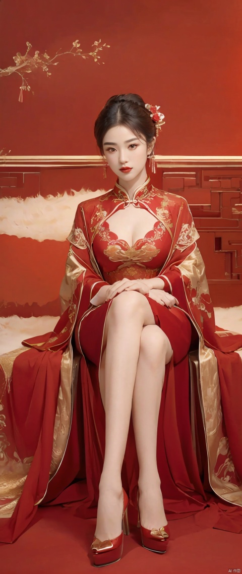masterpiece, best quality, realistic, high res, beautiful, 8K, hyper realistic, visually stunning,  deep red theme, dark crimson, looking at viewer ,full body,high heels, a girl wearing traditional red and gold chinese dress, intricate details, photorealistic, ultra detailed eyes and face --auto --s2