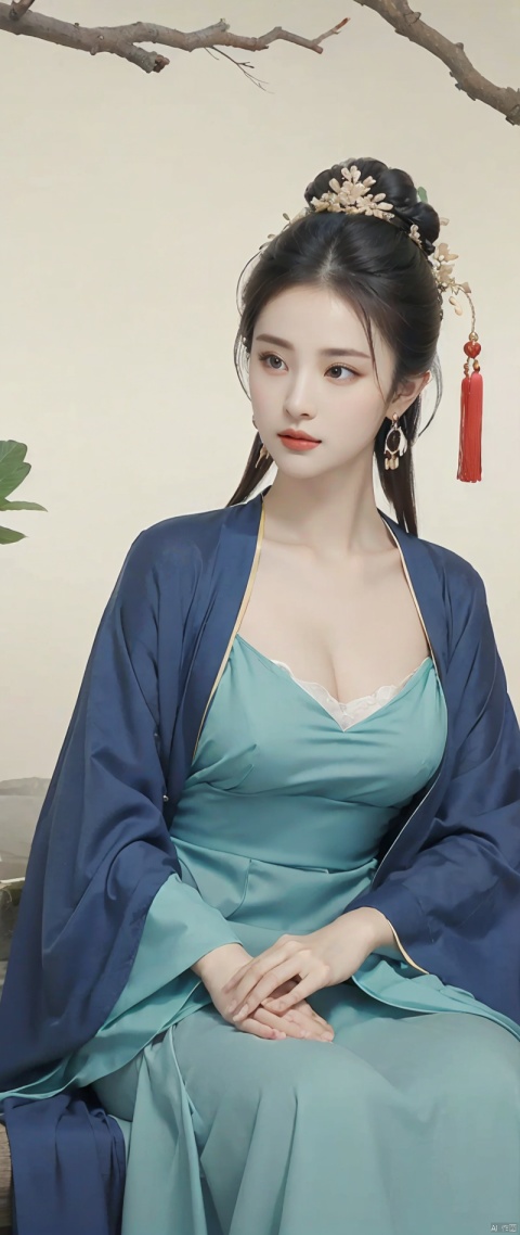  a woman in a blue dress sitting on a tree branch with a bird flying over her head and a bird flying over her head,1girl,hanfu,hair ornament,black hair,long sleeves,chinese clothes,shawl,holding,jewelry,solo,long hair,full body,dress,tassel,earrings,tree,forehead mark,wide sleeves,breasts,hair stick,flower,hair bun,green dress,cleavage,bird,closed mouth,norfleet,Best quality,masterpiece,ultra high res, chinese clothes, yunv,feng, jiajingwen
