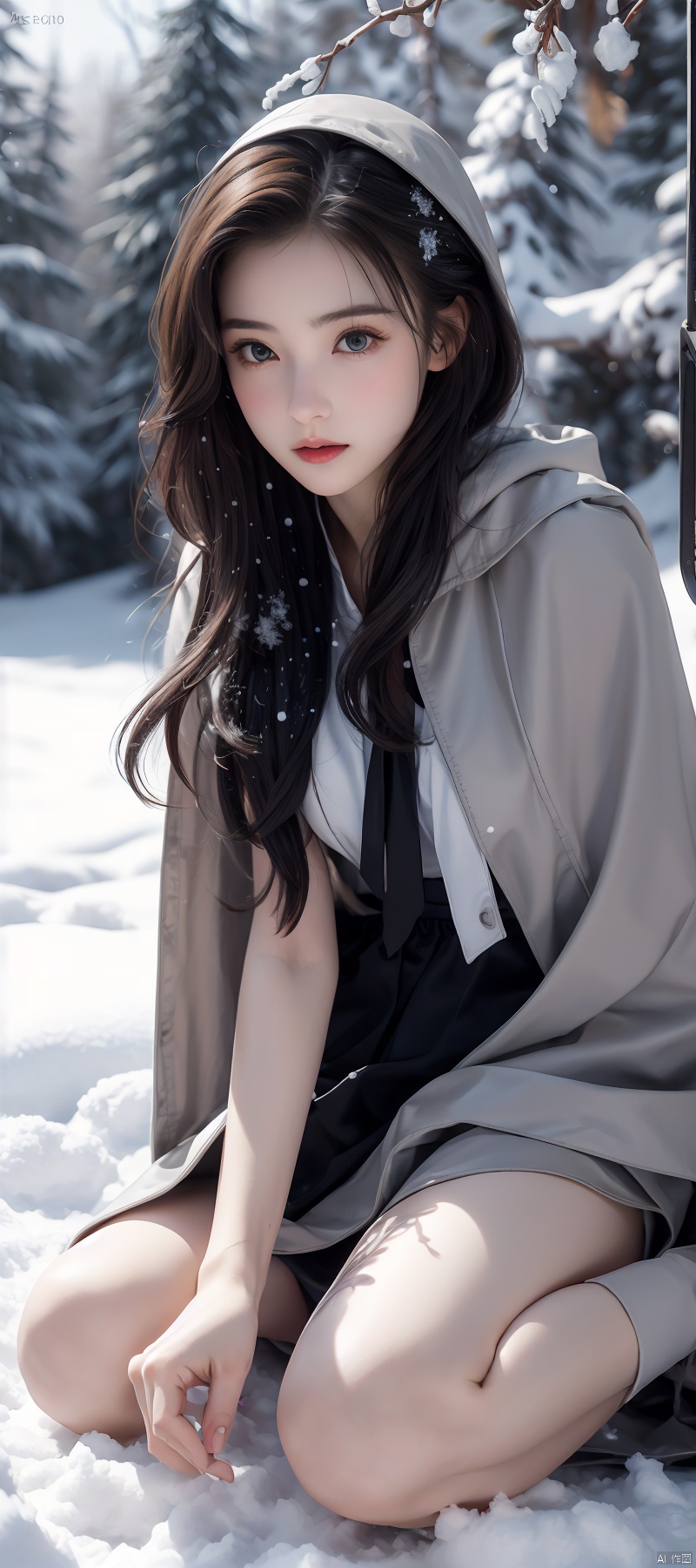 （8K, RAW photos, best qualtiy, tmasterpiece：1.2）,（realisticlying, photograph realistic：1.4)
Lolita costume,Lace, Aerith Gainsborough, sat on the ground,(Cloak,do lado de fora,Cover with snow,snowfield) high high quality, highdetailskin, looking at viewert,