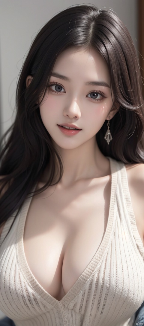 masutepiece, Best Quality, Photorealsitic, finely detail, hight resolution, 8K Wallpapers, Perfect dynamic composition, Beautiful detailed eyes, Long hair, large full breasts, Random and sexy poses,Bring your chest together、(Open chest tank top white knitwear with clearly visible cleavage)、(Breast bulge 1.2)、A smile、open open mouth、White Room、23years old、(Drooping eyes 1.4)、Adult beauty、japanes