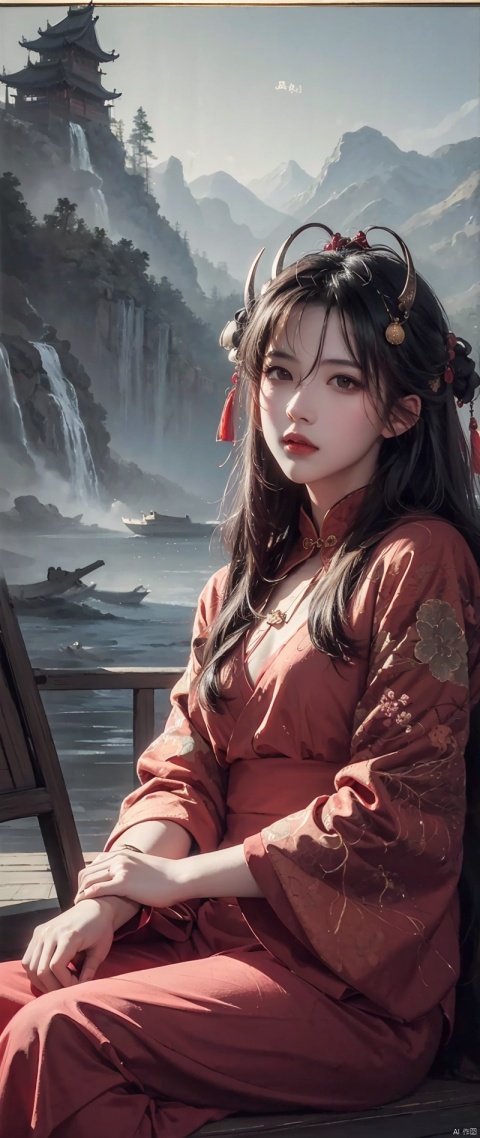  best qualtiy,tmasterpiece,（oil painted：1.5）,A woman with long black hair,Exquisite facial features,head gear,Sit in front of a Chinese landscape painting,Red dress,（Amy Saul：0.248）,（Stanley Ategg Liu：0.106）,（a detailed painting：0.353）,（Renaissance classical oil painting style：0.8）, Ink scattering_Chinese style