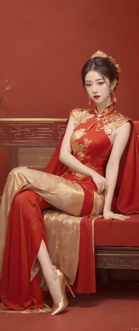 masterpiece, best quality, realistic, high res, beautiful, 8K, hyper realistic, visually stunning,  deep red theme, dark crimson, looking at viewer ,full body,high heels, a girl wearing traditional red and gold chinese dress, intricate details, photorealistic, ultra detailed eyes and face --auto --s2