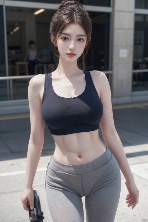 ((top-quality、8K、tmasterpiece:1.3))、A tall and beautiful woman、Perfect figure:1.4、Slim abs、Dark brown hairstyle、short detailed hair、Light gray yoga pants、No postural movement、Stand up straight、Huge bust、Highly detailed facial and skin texture、A detailed eye、二重まぶた、Cold face、Royal sisters full of fans、《《《The Daily Telegraph》》Swayne》、Peach buttocks、Small sports bra、Squart、(RAW photogr:1.2)、((Light reality:1.4))top-quality、tmasterpiece、illustratio、Very delicate and beautiful.、Super detailed CG、Unity、8K photo wallpaper、exquisitedetails、best qualtiy、Highly detailed CG unity 8k wallpaper、absurderes、unbelievable Ridiculous、hugefilesize、extremely highly detailed、A high resolution、Ighly details、beautiful details girl、Extremely detailed eyes and face、Beautiful delicate eyes、Facial light、cinmatic lighting、1girll、ssee-through,Watch your audience,En plein air,Sunny and cheerful、High ponytail、Sporty girl、Ulzzang-6500、《《《The Daily Telegraph》》Swayne》、Yoga clothes、Sports girl、gym、Tranning、Exercise、Machinery, Large full breasts, Jumping moose
