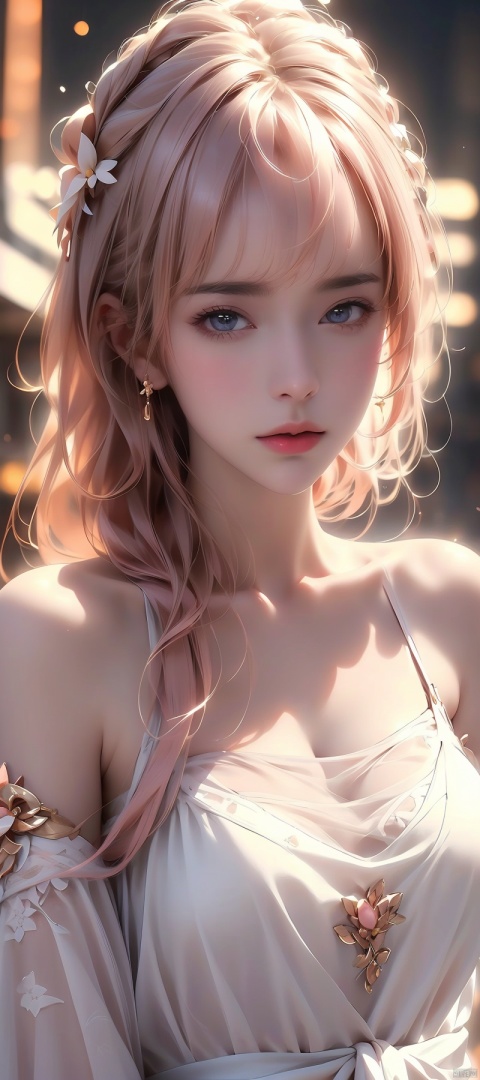 (highest quality,4k,8K,High resolution,masterpiece:1.2),Super detailed,(realistic,photorealistic,photo-realistic:1.37),full body portrait,1 girl, perfect hourglass illustration, exquisite features, mysterious eyes, white transparent dress, bare shoulders, blush, shy, pink long hair, looking at the audience, small breasts, Depth of the bounds written, High-definition images、thin waist