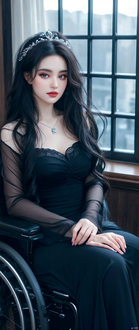 A curly-haired beauty sitting in a wheelchair,Classy and elegant,Eyes are very delicate,perfect fingers.,necklace,（（（hair accessories）））,Long black dress、Looking at the scenery outside the room window,The light is dark,black lips,gothic style（（best quality））, （（intricate details））, （（Surrealism））（8k）