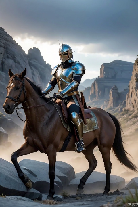 There are three men in armor riding horses in a rocky area, estilo fantasia 8 k octane render, Wojtek FUS, Epic Fantasy Digital Art Style, Hefesto, muscular male hero, atraente macho de carne com armadura, Arte de fantasia 4k, 3 d render arte do caractere 8 k, Epic fantasy art style, Arte de fantasia 8k, ares com armadura pesada e espada. BRILHANTE E COM CONTRASTE, 8K分辨率, OBRA PRIMA