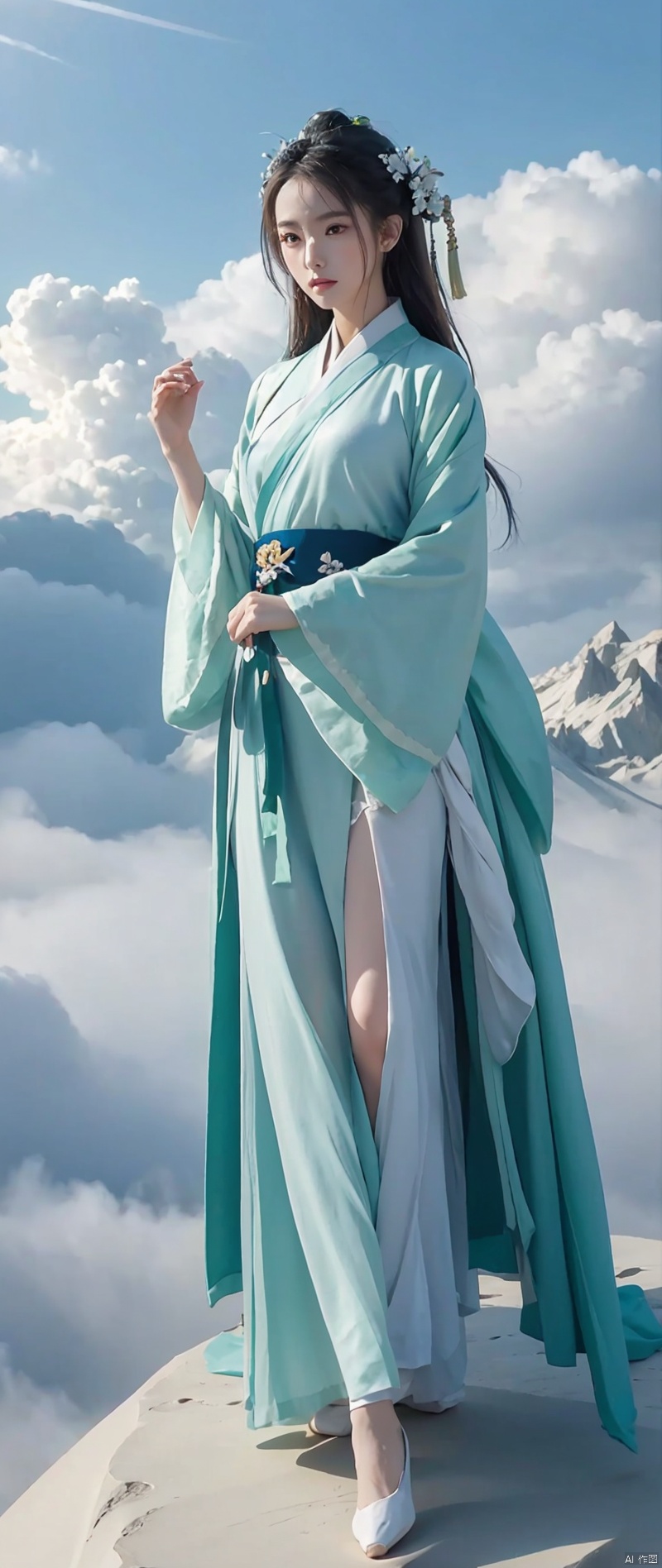 masterpiece, best quality, 32k uhd, Fairy in Cloudsabove clouds
green Hanfufull bodyPanorama
