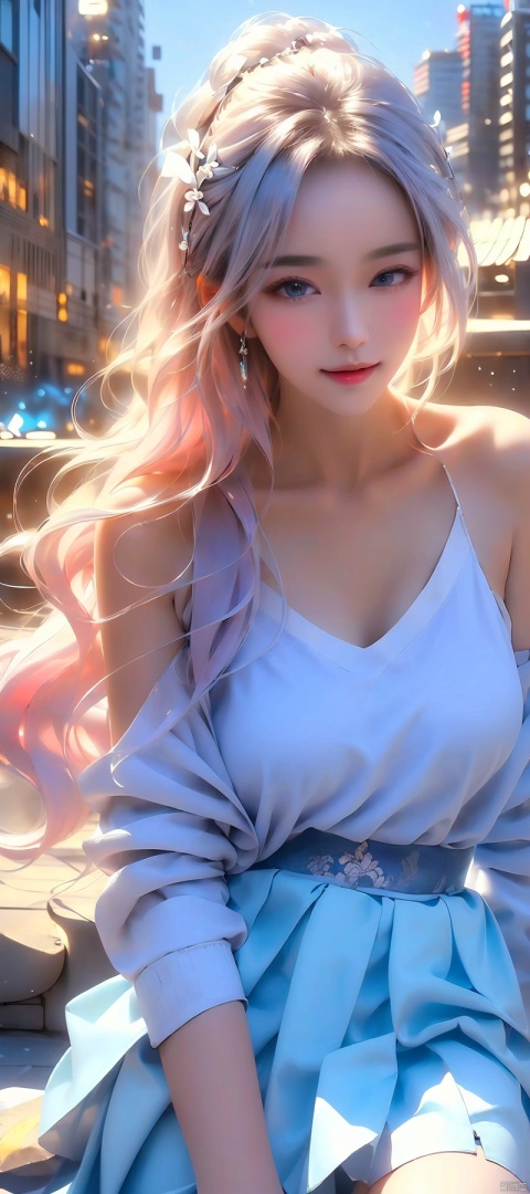 official art, masterpiece, sharp focus, (beautiful gorgeous cute Korean woman:1.3), (beautiful cute korean:1.3), korean beauty, Delicate and beautiful hair and eyes and face, realistic, ultra detailed, beautiful girl, blue sky, glow white particle, (sidelighting:1.2), sun light, white cloud, detailed clouds, slender, Lovely very large breasts and very large hips, smile with teeth, ((smile with eyes, open both eyes)), scenery, long straight hair, sexy facial expression, building, (cityscape:1.7), dynamic hair, long straight hair, detailed platinum pink hair, glow blue eyes, (blue pleated shirts + white skirt), white long socks, pale skin, hair ornament, epic scenery,