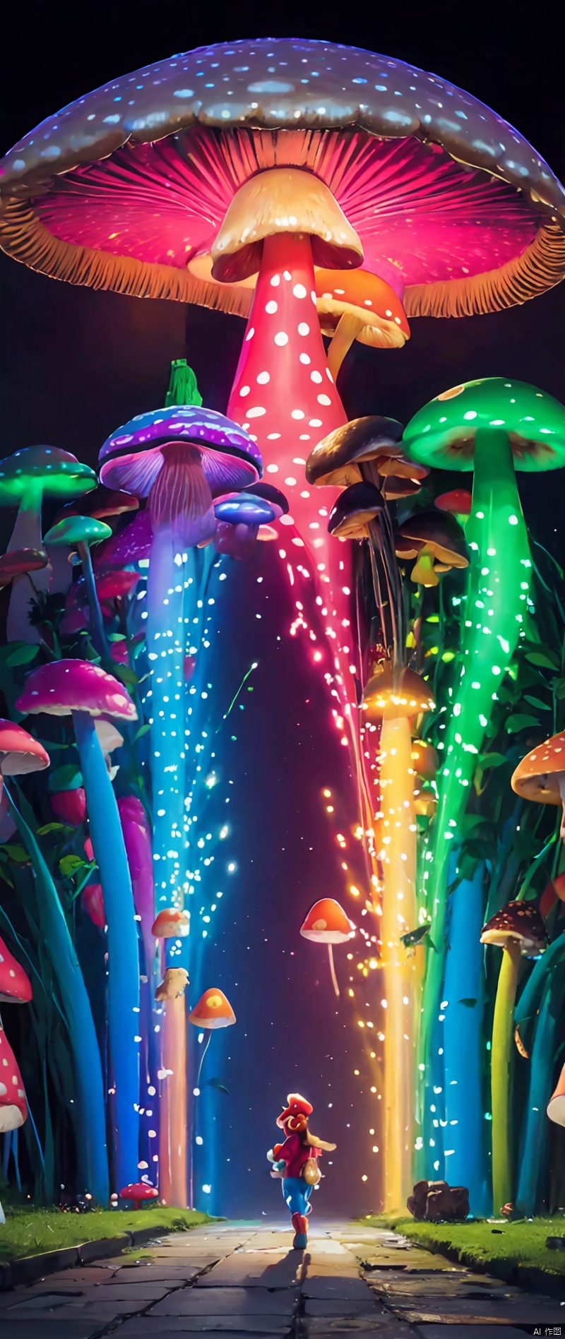 (neon,supermario,8k,great quality,superb image without distortion,masterpiece,psychedelic colors,fantasy world,highly detailed,walking mushrooms)