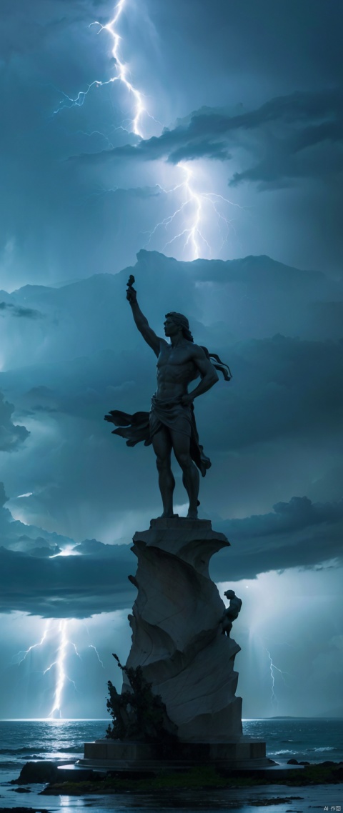 a statue of zeus, dynamic pose, standing on a rock:0.3, (with lightning in the background:1.4), (3/4 view), Clint Cearley, arnold render, a marble sculpture, (cinematic:1.4), slate gray atmosphere, hyperdetailed, soothing tones, insane details, low contrast, (((full body))), (centered), stormy sky, epic sky, volumetric lighting,