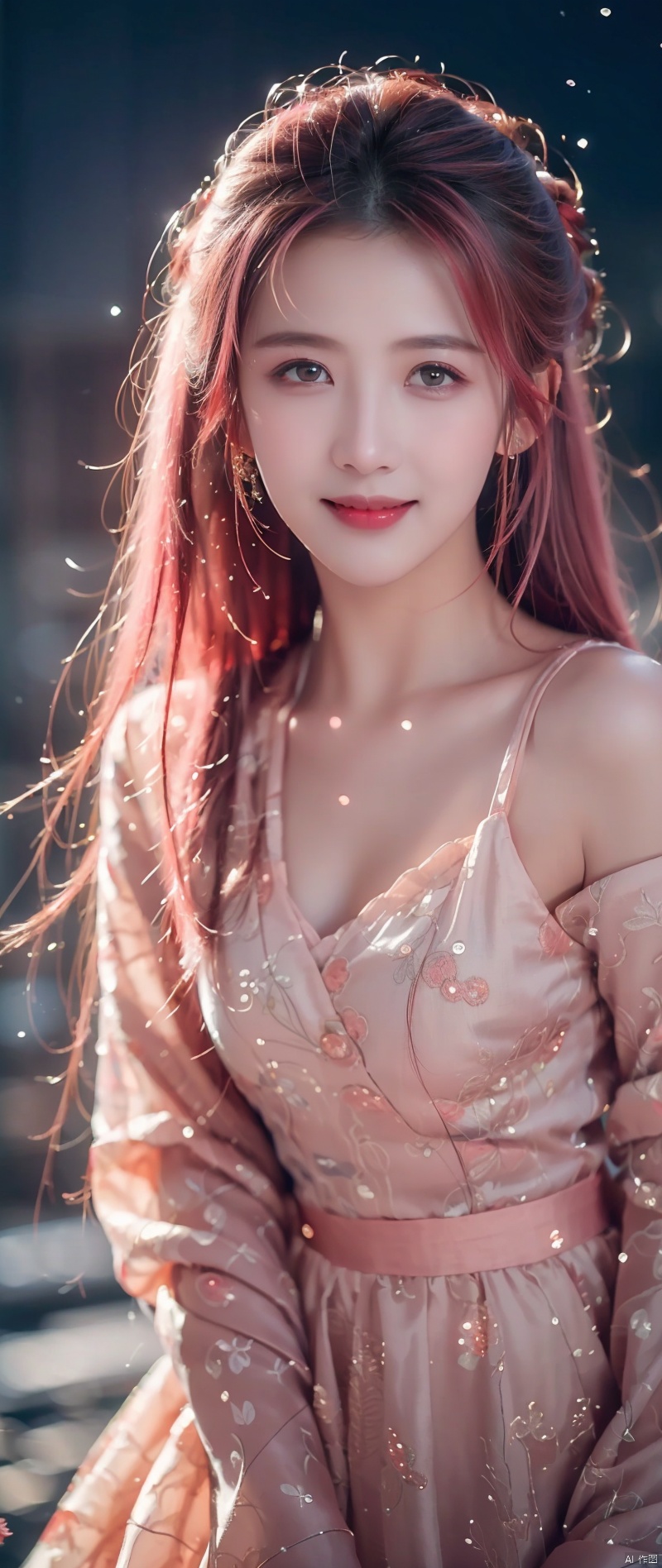  ((highest quality, master works, ultra-fine section, light and shadow tracking, ultra-high resolution)) a girl,bow smile,simple background,gradient background,snowflakes,particle light,real light and shadow,pink hair,happy,shy,blush,bright scene,colorful details, Light master, bsx, dofas, sufei, guofeng