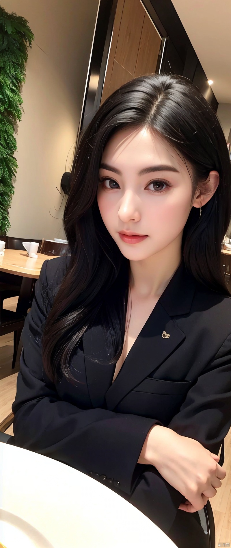 1 mulher adulta, cabelo comprido, cabelo cacheado, cabelo cor preto, pele suave, olhos castanhos, sorrir, vegetation, Occasional, Businesswoman style clothes, blaser marrom claro, realista, com fundo em um restaurante chique, 8k super realista, super detalhado e realista
