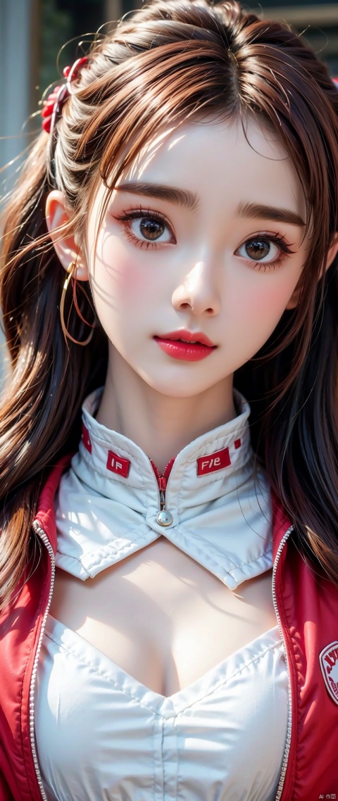  (((HD photo))), ultra high res.photorealistic:. 1.4, UHD, masterpiece, trending on artstation, portrait, upper body shot, 1girl, pretty, cute face, detailed face, most beautiful in the world, soft, delicate, (long red hair), large sagging breasts (wearing racing jacket), sunkissed, San Francisco bay, SFW:2