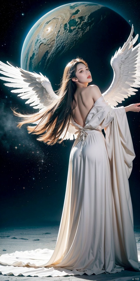 fish-eye lens, cosmic background, Countless twinkling galaxies and stars, Convoluted, Ultra-realistic full-length shot of an angel praying for viewers in the center of a circle, The microcosm revolves around angels, face to the viewer, Offer mercy, Comfort and love, stunningly beautiful face, The majestic twin wings of an angel growing from the back of an angel, Ultra-realistic and ultra-detailed real wings, Beautiful snow-white robes and translucent darkness, Long Blonde Hair, Hair and stars mix, Fantastic and sacred (1:1), ultra-detailliert, A hyper-realistic, Countless small lights twinkle、Blend into the darkness, ultra intricate, New splash art never seen before in space, Captivate your audience、Give your audience direction to move forward, What's next?. It is a masterpiece that will continue to win many awards in the future......., ll-hd