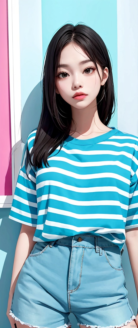 Solo, Jennie face shape, Jenny, wearing light blue striped T-shirt, hot pants, babes style, cute, light green walls