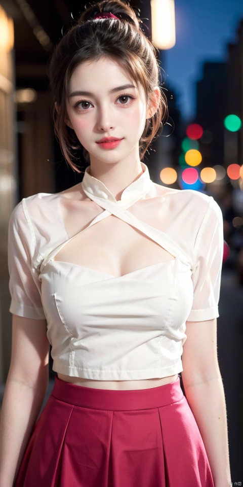 8k, masterpiece, RAW photo, best quality, photorealistic, extremely detailed CG unity 8k wallpaper, Depth of field, Cinematic Light, Lens Flare, Ray tracing, (extremely beautiful face, beautiful lips, beautiful eyes), intricate detail face, ((ultra detailed skin)) 1girl, in the dark, deep shadow, pretty Asian girl, idol, 1 girl, (very slim slender fit-muscled body:1.3), ((looking at viewer)),(big smile:1.3), (tight laced blouse), ((hot pink color blouse)), (short sleeve) , (city night, dark, neon sign), (blurred background), dim lights, cityscape, rooftops, beautiful earrings, bracelets, necklace, pantyhose, clear eyes, (pale skin), (big eyes), face forward, ((upper body shot)), (silk red color skirt ),(brown hairs),((tight fitting laced skirt )), (see through), (looking at viewer:1.3), open breast, (very slim), medium breasts, (see through),((flooming laced)), (camel toe), (see through jacket), ponytail, short hair