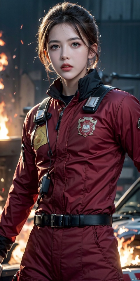 (8k, RAW photo, best quality, masterpiece: 1.2), ultra detailed, official art, photo-realistic: 1.37, upper body shot, young Fire Department Red safety suit, gray cancan putting out fire grain film, action pose, huoshen, ll-hd